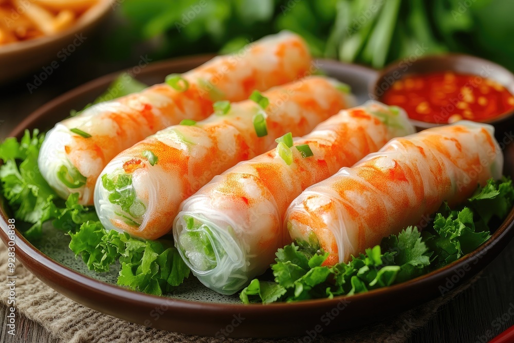 Delicious vietnamese spring rolls presenting with lettuce and dipping sauce Delicious vietnamese spring rolls presenting with lettuce and dipping sauce