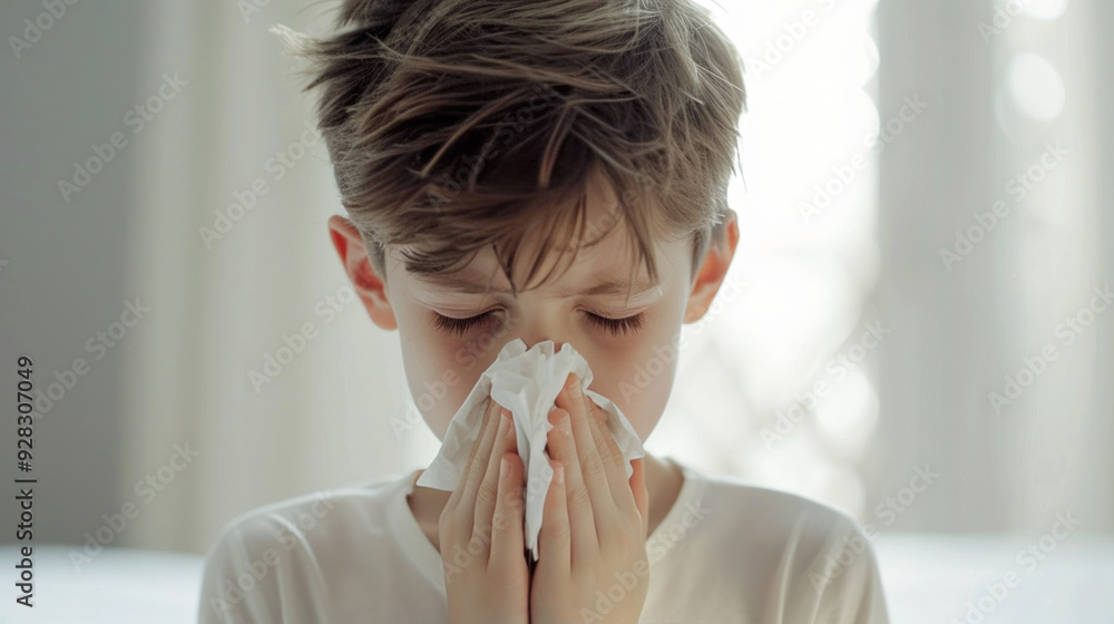 Boy sneezes into tissue paper on white background, indicating common cold or allergies in a clean environment Boy sneezes into tissue paper on white background, indicating common cold or allergies in a clean environment