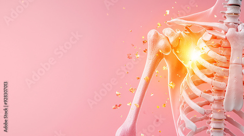 A skeleton with a broken shoulder is shown on a pink background. Concept of pain and vulnerability, as the broken shoulder is a symbol of injury and weakness