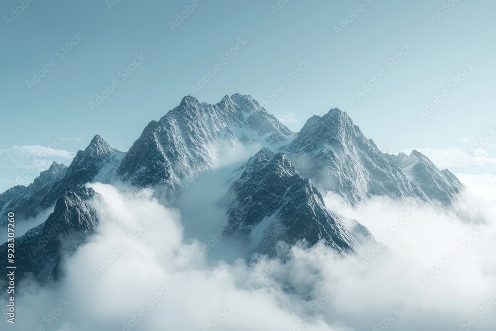 A serene yet strong visual concept featuring a robust mountain range enveloped by soft clouds. The image conveys a sense of strength combined with gentleness, with the high-resolution format A serene yet strong visual concept featuring a robust mountain range enveloped by soft clouds. The image conveys a sense of strength combined with gentleness, with the high-resolution format