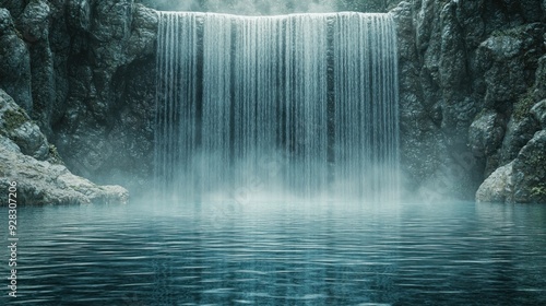 Conceptual imagery capturing the essence of strength merging with gentleness, showing a mighty waterfall cascading softly into a calm pool of water below. The high resolution captures the fine