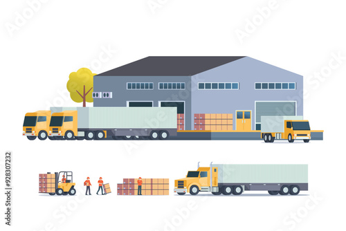 Modern flat Illustration of warehouse building, factory storage. truck and container. Warehouse Management, Logistic Management. vector illustration