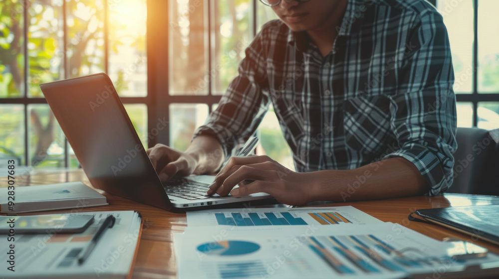 Young businessman in casual clothes working on laptop computer at office and writing document or doing calculation at desk. Remote working concept Young businessman in casual clothes working on laptop computer at office and writing document or doing calculation at desk. Remote working concept