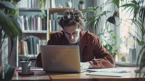 Young businessman in casual clothes working on laptop computer at office and writing document or doing calculation at desk. Remote working concept