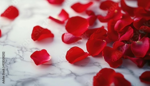 Red rose petals scattered on a white marble background.