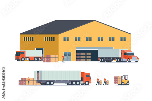 Modern flat Illustration of warehouse building, factory storage. truck and container. Warehouse Management, Logistic Management. vector illustration
