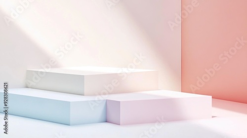 Minimalistic product display featuring three pastel-colored blocks against a white and pink backdrop, lit by a soft beam of sunlight.