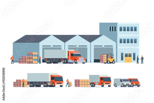 Modern flat Illustration of warehouse building, factory storage. truck and container. Warehouse Management, Logistic Management. vector illustration