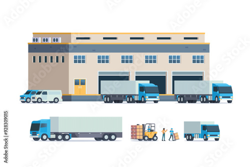 Modern flat Illustration of warehouse building, factory storage. truck and container. Warehouse Management, Logistic Management. vector illustration