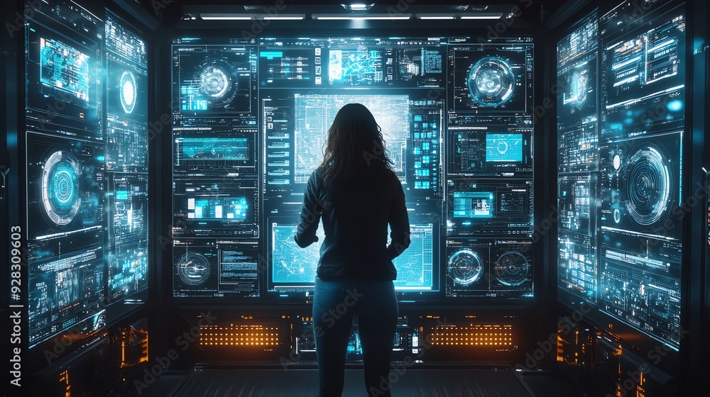 Woman in front of futuristic control panel. Woman in front of futuristic control panel.