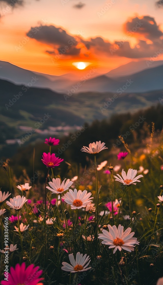 Fototapeta premium Sunset Over Mountain Meadow With Wildflowers