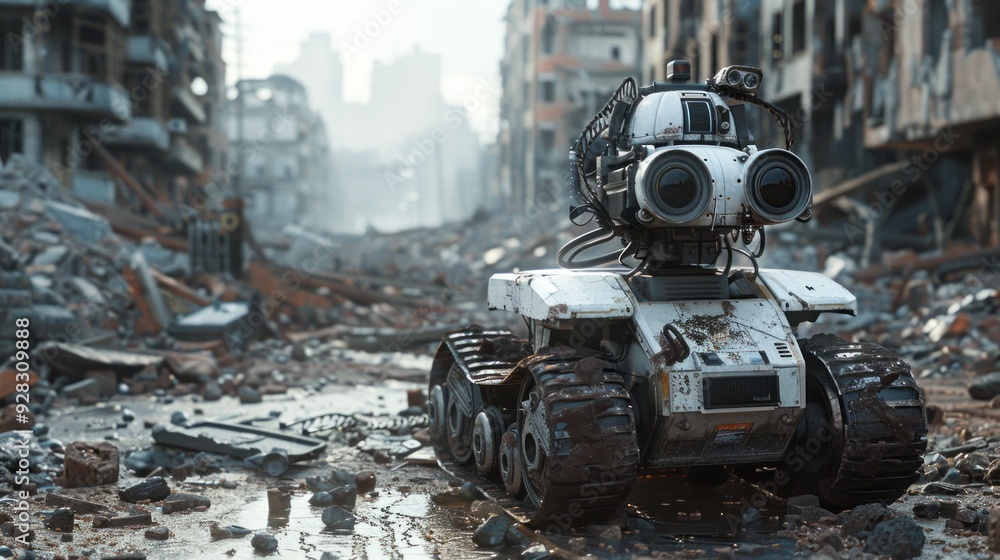 Image depicting a bomb disposal robot working in an urban area. Image depicting a bomb disposal robot working in an urban area.