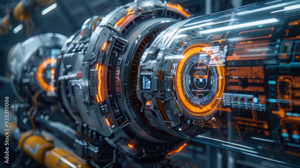 A sci-fi bomb disposal robot examining a device in an industrial zone with 3D holographic displays. A sci-fi bomb disposal robot examining a device in an industrial zone with 3D holographic displays.