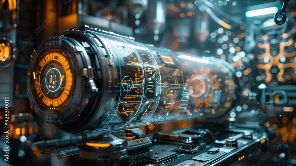 A sci-fi bomb disposal robot examining a device in an industrial zone with 3D holographic displays. A sci-fi bomb disposal robot examining a device in an industrial zone with 3D holographic displays.