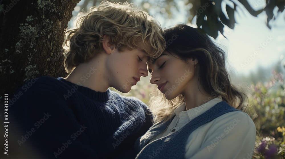 Fototapeta premium Young couple sharing a tender moment under a tree in a peaceful meadow during daylight