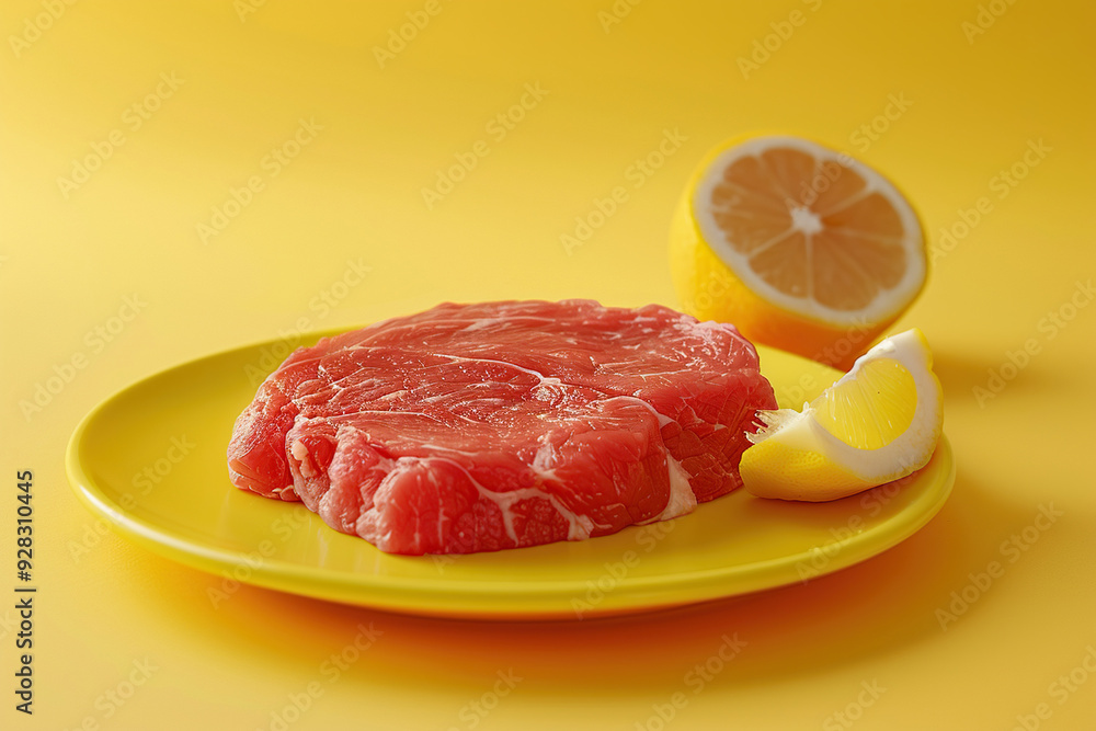 Raw beef steak with pepper and lemon lies on a plate on a bright yellow background. Generated by artificial intelligence Raw beef steak with pepper and lemon lies on a plate on a bright yellow background. Generated by artificial intelligence