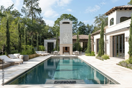 Elegant outdoor fireplace behind all-white pool with light grey limestone pavers, surrounded by tall oak trees and shrubs, featuring a fire pit and sitting area.