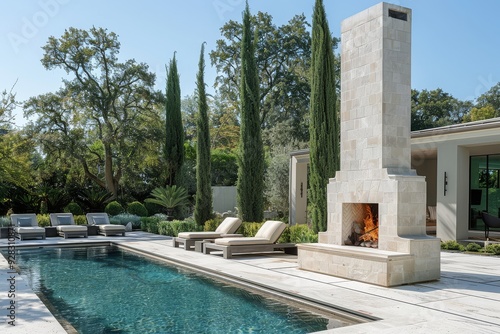 Elegant outdoor fireplace behind all-white pool with light grey limestone pavers, surrounded by tall oak trees and shrubs, featuring a fire pit and sitting area.