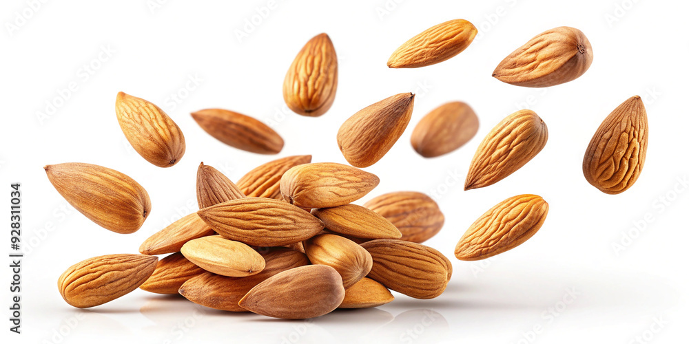 Close-up of almonds falling isolated on a white background, featuring their crunchy texture and natural color Close-up of almonds falling isolated on a white background, featuring their crunchy texture and natural color