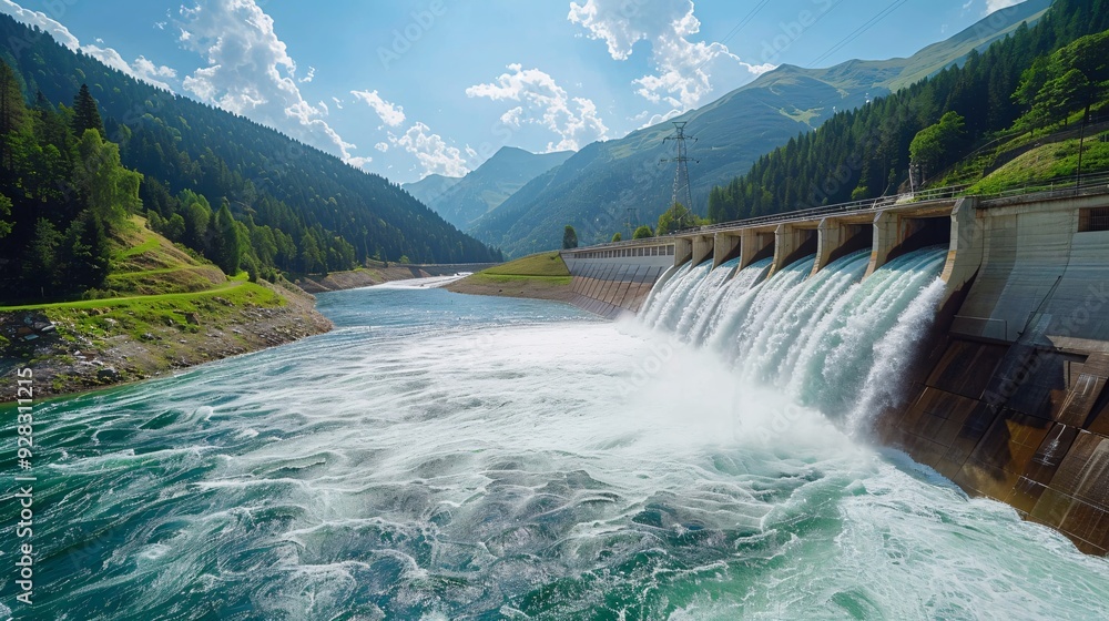 Hydroelectric dam with mountains and river Hydroelectric dam with mountains and river