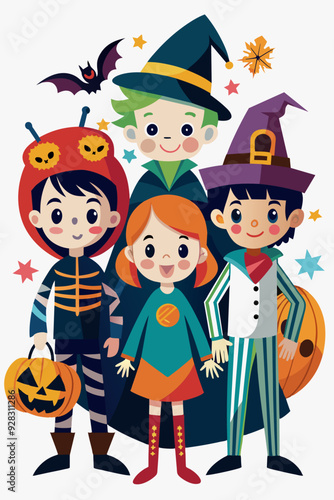 A group of children in Halloween costumes are standing together