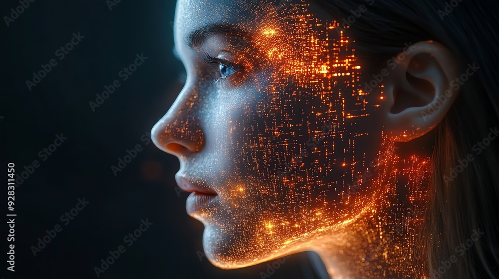Woman's face with glowing city lights. Woman's face with glowing city lights.