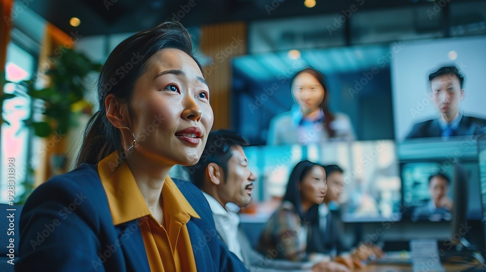 Business professionals in a hybrid meeting with in-person and video call attendees. Business professionals in a hybrid meeting with in-person and video call attendees.