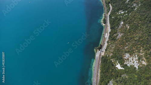 Drone photo over a lake with a view of the railway line
