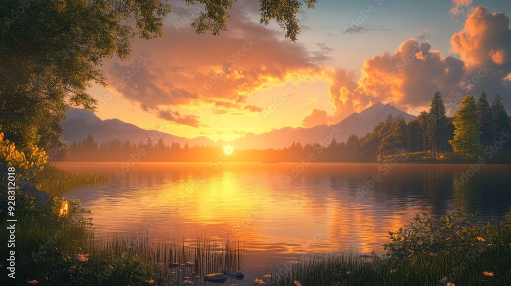 Golden Sunset Over a Serene Lake Golden Sunset Over a Serene Lake