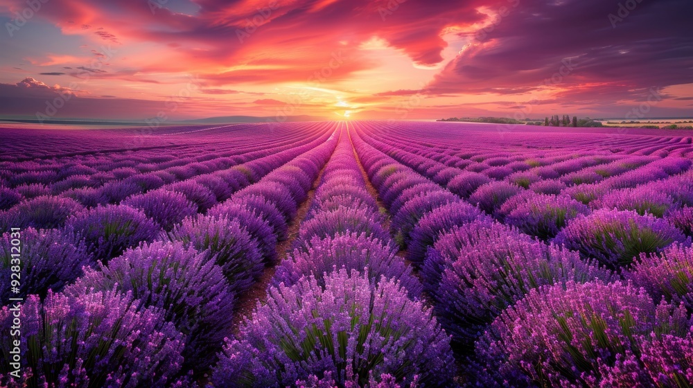 A lavender field in full bloom with a dramatic sunset in the background. A lavender field in full bloom with a dramatic sunset in the background.