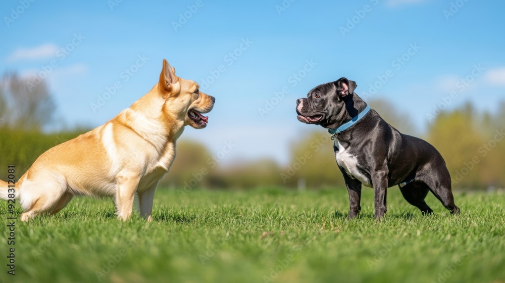 A barking dog meets a new dog in a socialization park, set against vibrant green grass and a clear blue sky. A barking dog meets a new dog in a socialization park, set against vibrant green grass and a clear blue sky.