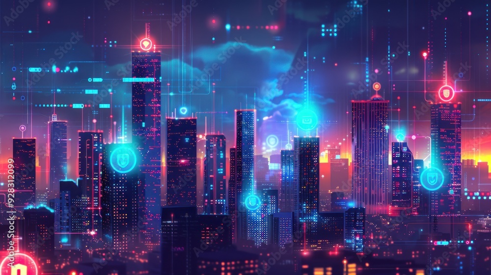 An illustration of a smart city with fintech elements and holographic icons. An illustration of a smart city with fintech elements and holographic icons.