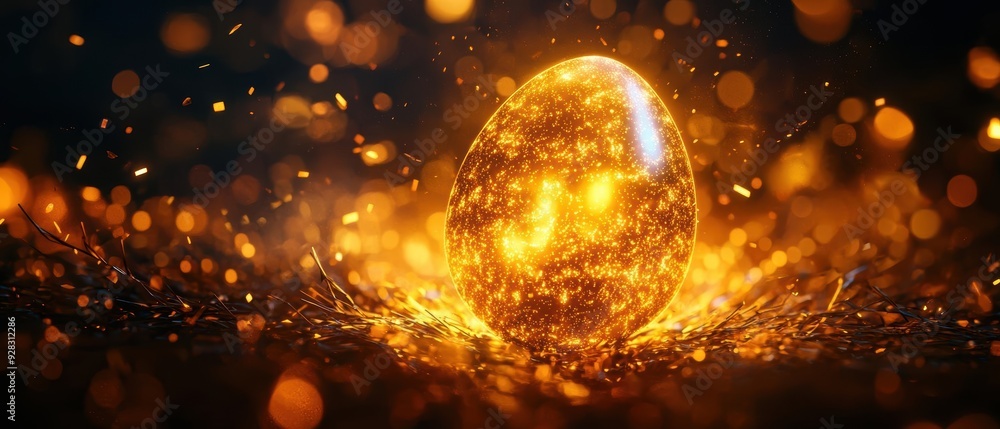 Golden egg surrounded by a halo of light, glowing with a mystical aura, suspended in a dark void, magical and mysterious, 4K resolution Golden egg surrounded by a halo of light, glowing with a mystical aura, suspended in a dark void, magical and mysterious, 4K resolution