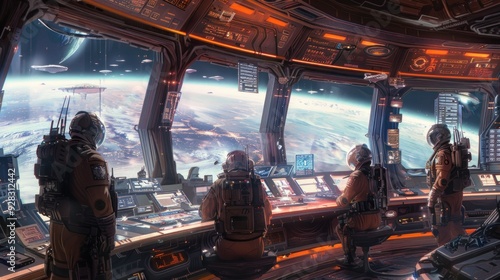 Fototapeta Naklejka Na Ścianę i Meble -  A space station with characters in the control room, orbiting a distant planet, advanced technology.