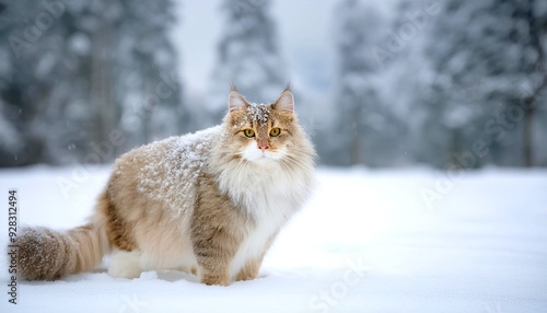 Norwegian Forest cat in snowy landscape, thick tawny fur with snow dusting, style winter. 2