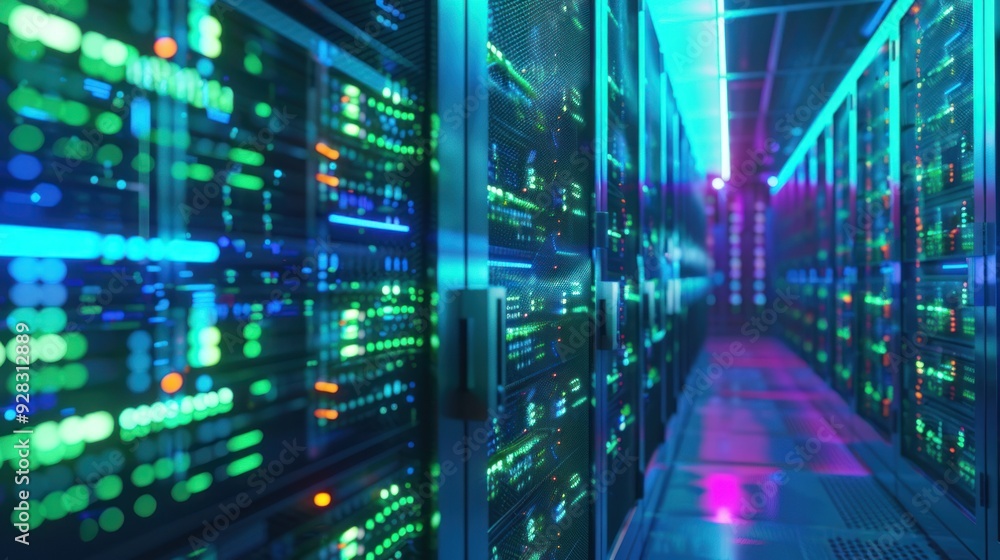 Server Room with Vibrant Blue and Green Lights Server Room with Vibrant Blue and Green Lights