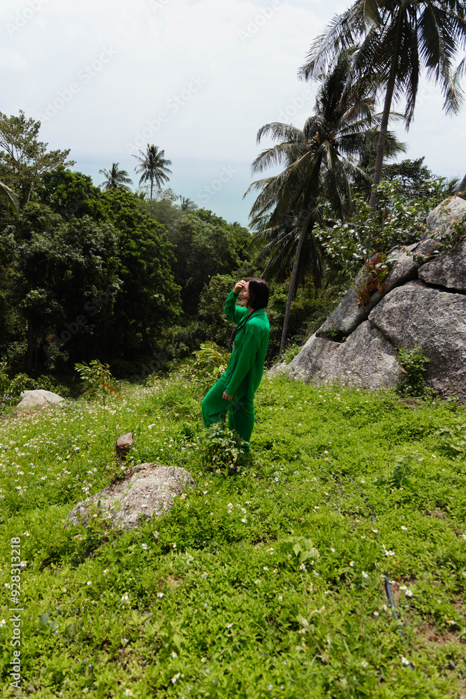 Fototapeta premium Person in green stands on grassy hill, gazing at lush forest, palm trees, rock, and ocean in the background