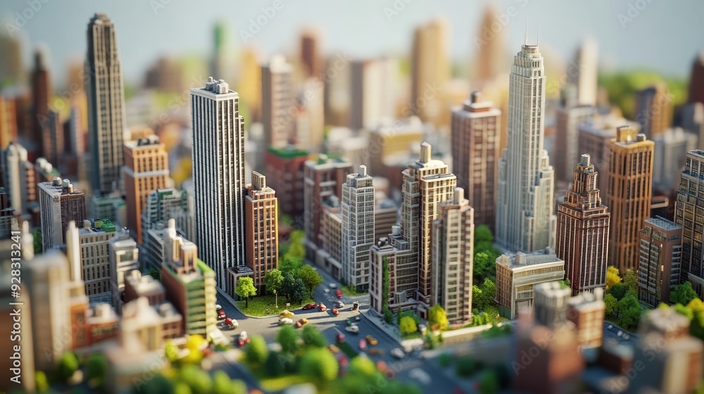 Fototapeta Aerial view of a miniature city model with skyscrapers and parks.