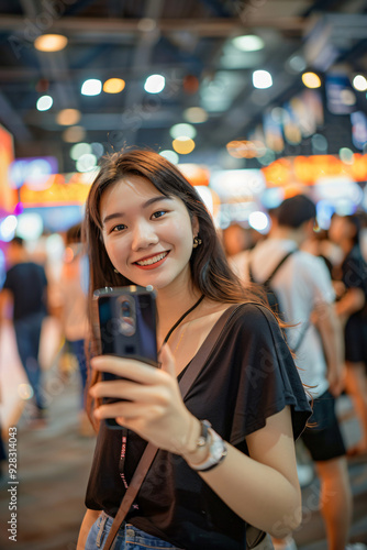 A young woman smiles brightly as she takes a selfie with her phone at a crowded convention.