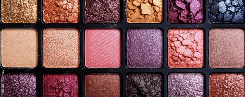 Fototapeta premium Close-up of a colorful eyeshadow palette with various shades and textures.