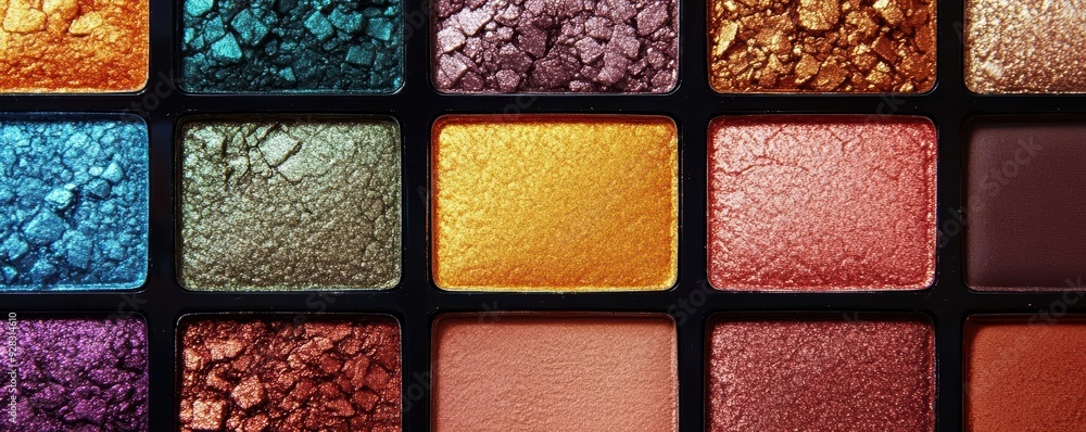 Colorful eyeshadow palette with shimmery textures. Colorful eyeshadow palette with shimmery textures.