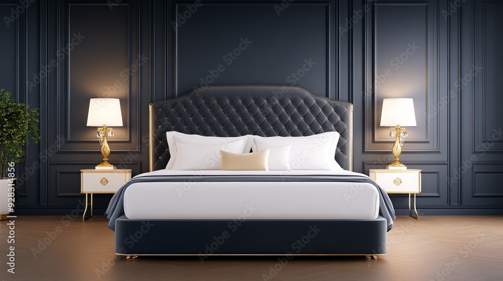 Elegant bedroom interior with a luxurious bed, stylish side tables, and warm lighting creating a cozy and sophisticated ambiance. Elegant bedroom interior with a luxurious bed, stylish side tables, and warm lighting creating a cozy and sophisticated ambiance.