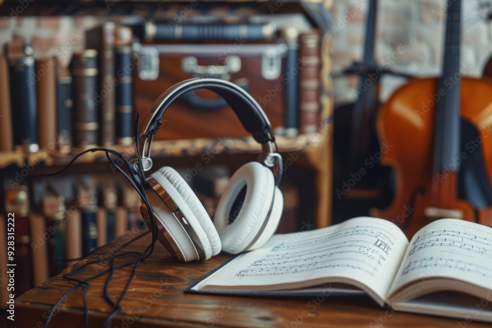 A pair of headphones sits on a table next to a book A pair of headphones sits on a table next to a book