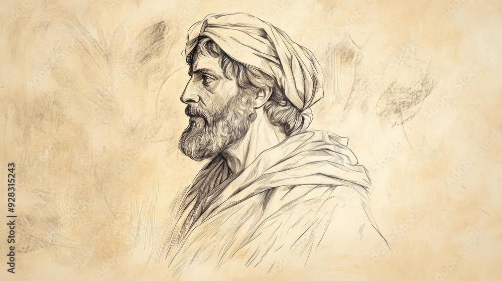 Fototapeta premium Biblical Illustration of Jotham Reflecting on His Father Uzziah’s Legacy in 2 Chronicles, Determined to Avoid the Pride That Led to Uzziah’s Downfall, Beige Background