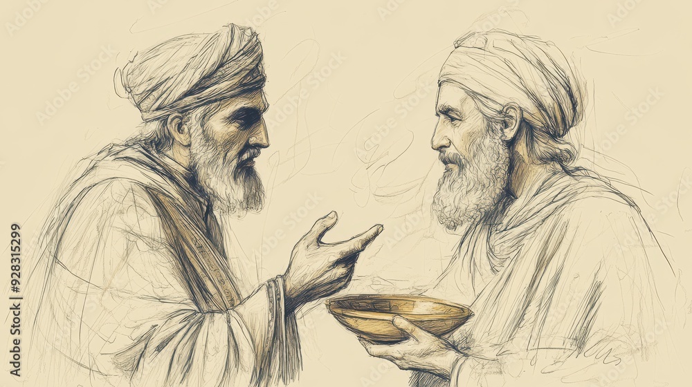 Biblical Illustration of Ben-Hadad Receiving Asa’s Gifts in 2 Chronicles, Beginning Their Military Pact, Gold and Silver as Symbols of Alliance, Beige Background Biblical Illustration of Ben-Hadad Receiving Asa’s Gifts in 2 Chronicles, Beginning Their Military Pact, Gold and Silver as Symbols of Alliance, Beige Background
