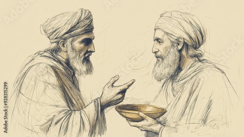 Biblical Illustration of Ben-Hadad Receiving Asa’s Gifts in 2 Chronicles, Beginning Their Military Pact, Gold and Silver as Symbols of Alliance, Beige Background