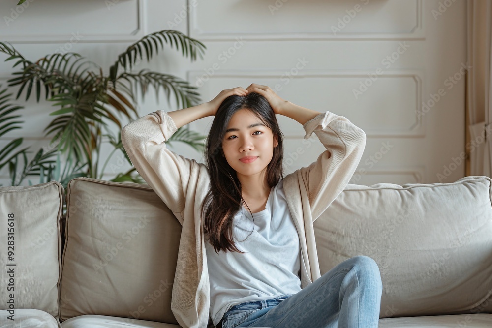 Relaxed Young Woman Sitting on a Couch Relaxed Young Woman Sitting on a Couch