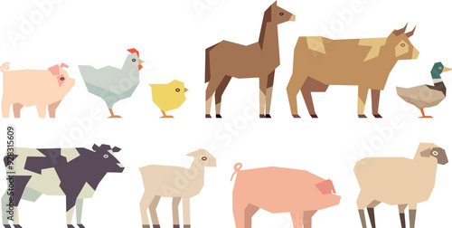 Farm animal set in flat color polygonal style