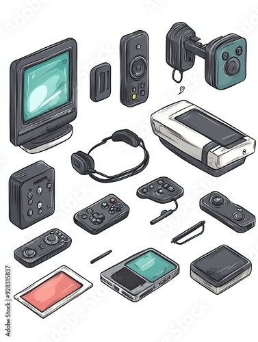 Collection of Hand-Drawn Retro Gadgets and Devices photo