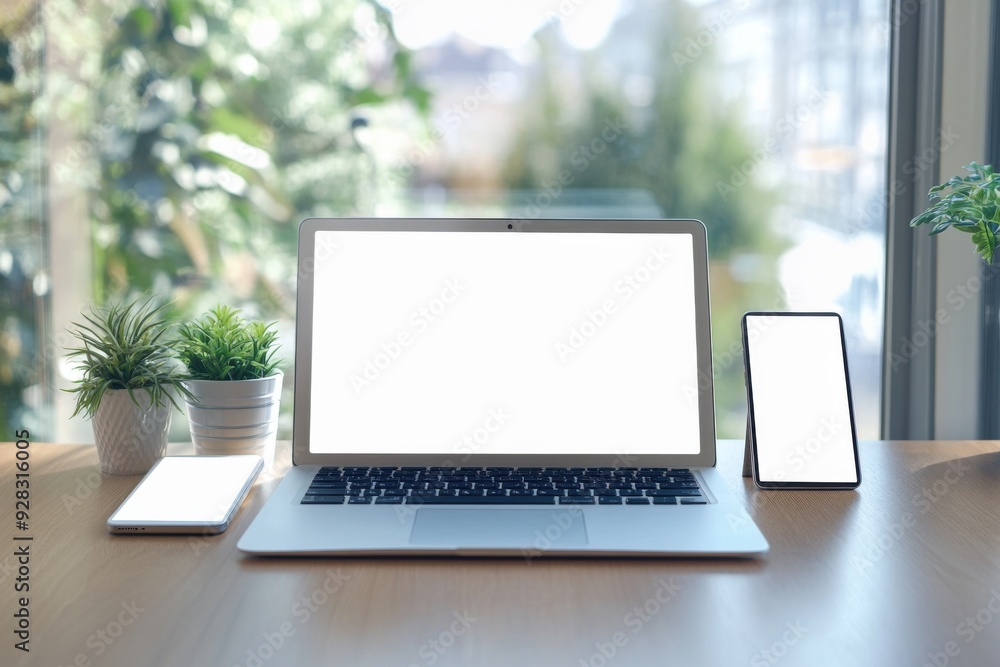 Blank laptop computer mockup and accessories on a white desk in a modern office Blank laptop computer mockup and accessories on a white desk in a modern office